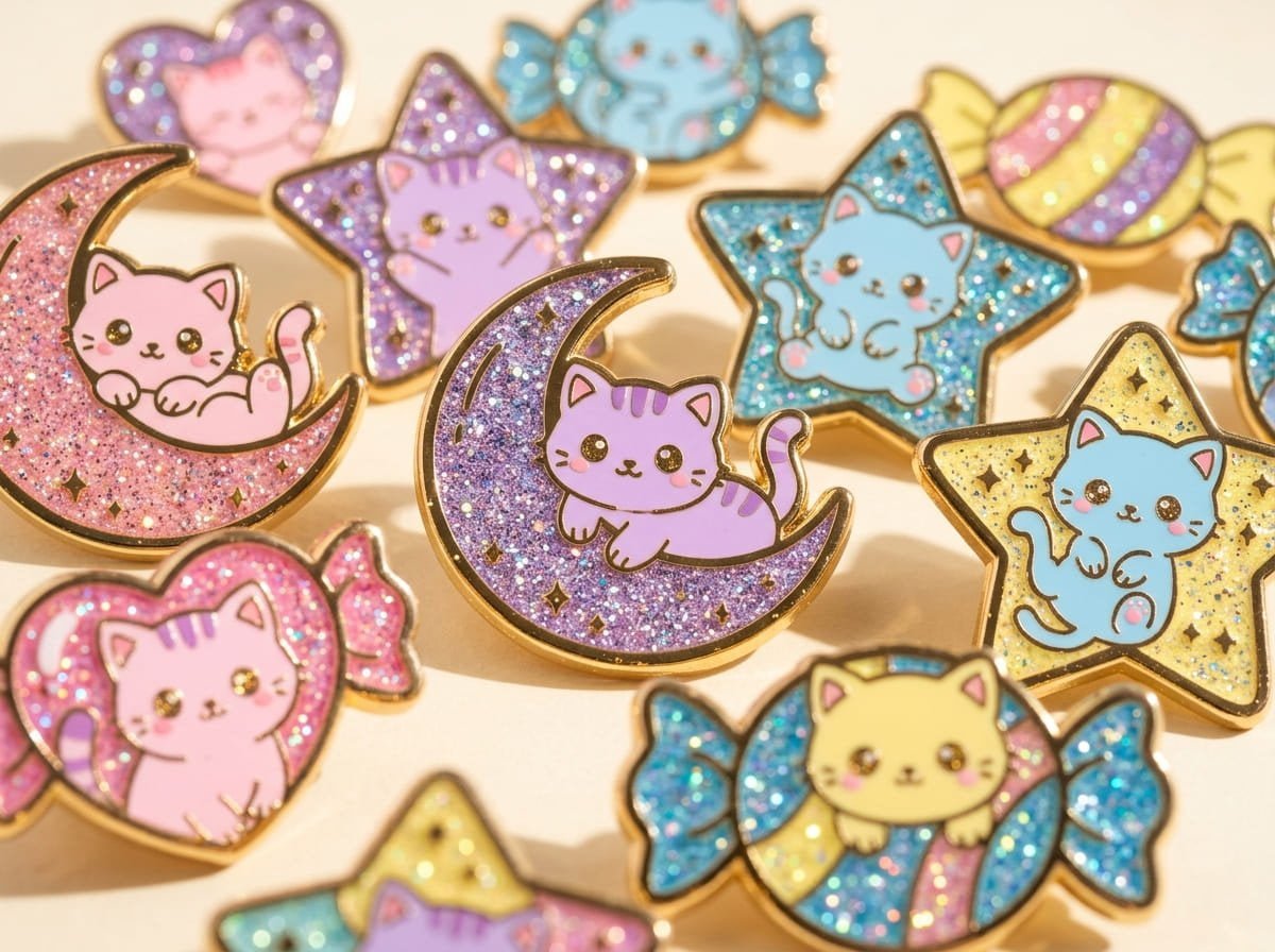 Glitter enamel pins create unique sparkles