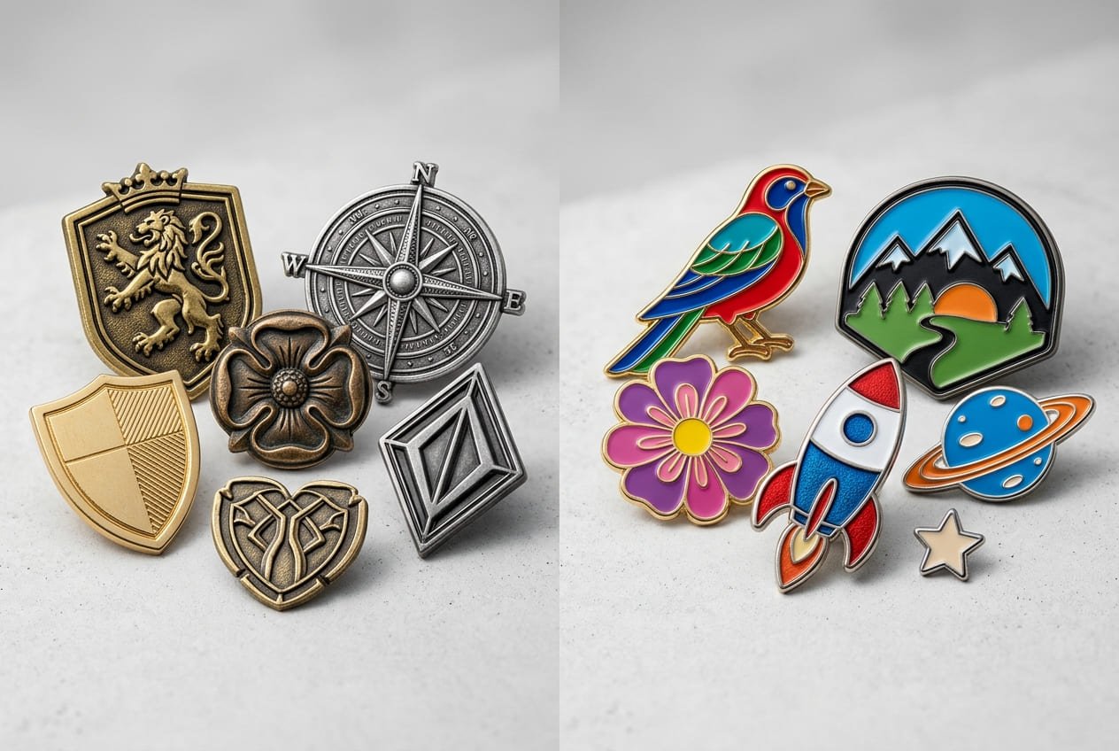 Die struck pins vs. enamel pins comparison Die struck pins compared to enamel pins