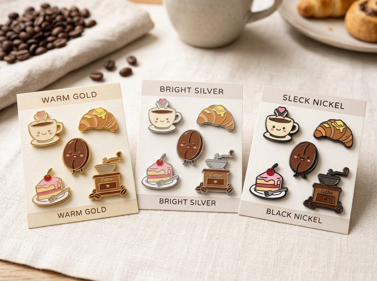 Enamel pin plating comparison Enamel pin plating: gold, silver, and black nickel closeup