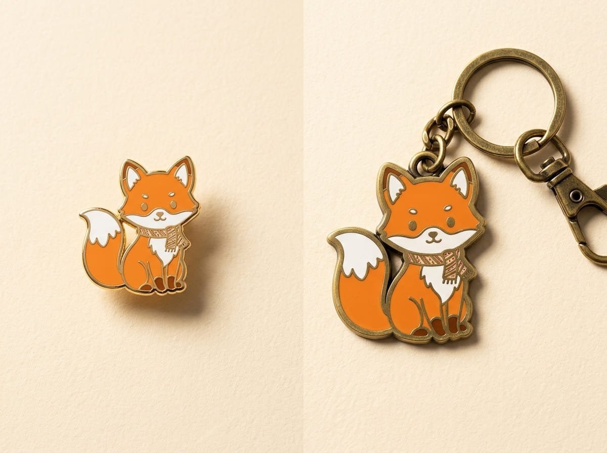 Comparing designs for pins vs. keychains Detail comparison between pins and keychains