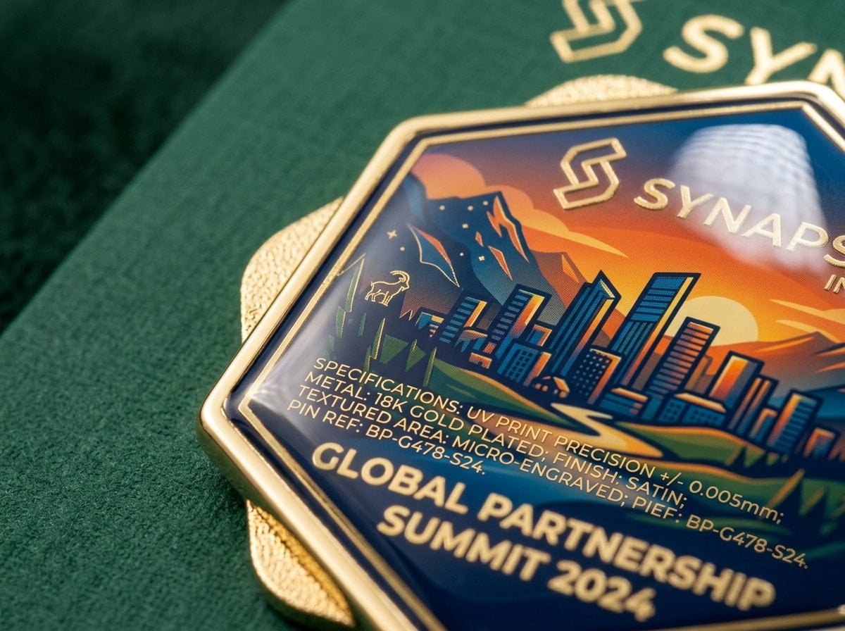 Scratch resistant UV printed pin with protective coating