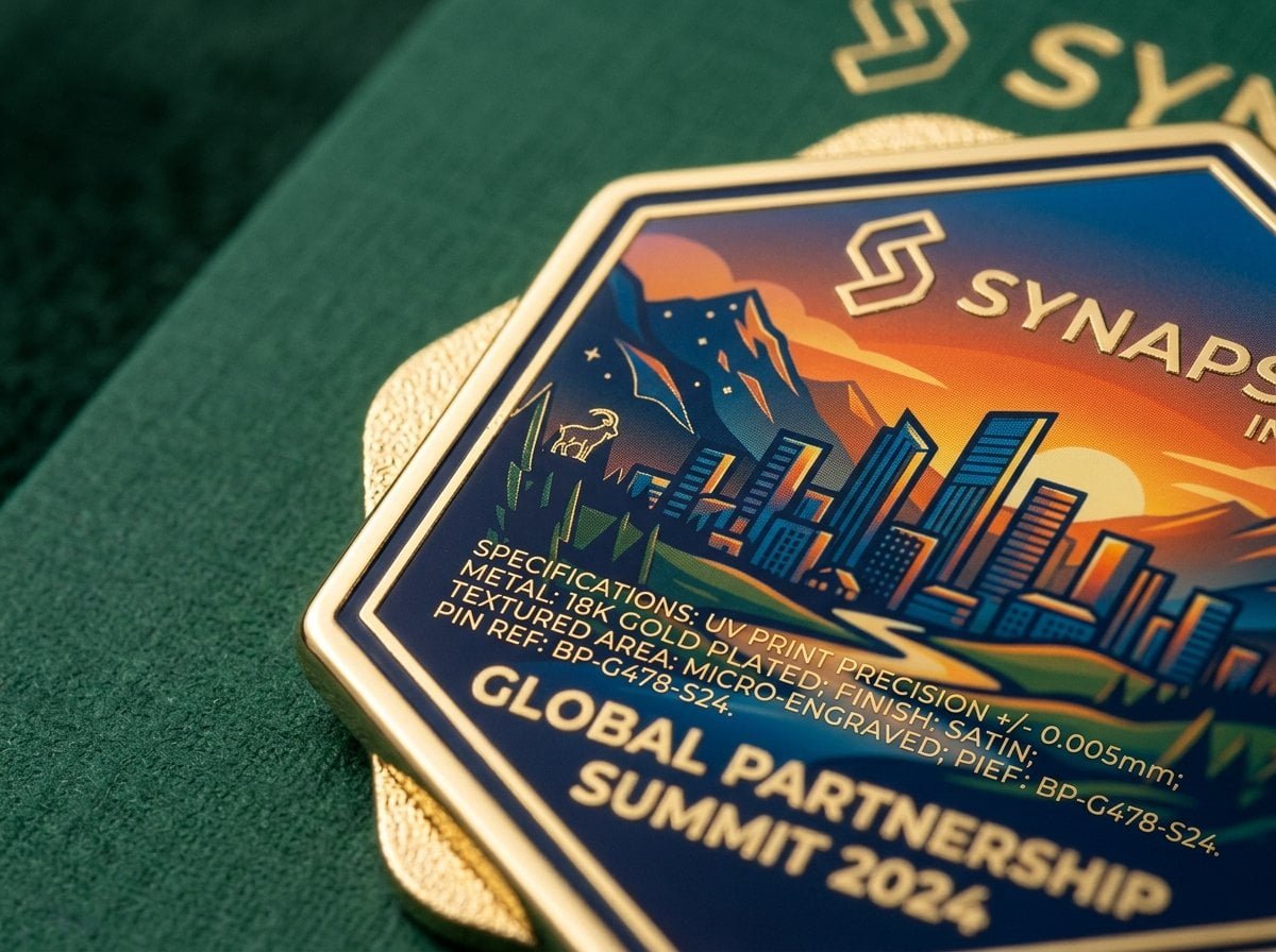 High resolution UV printed pin with intricate details