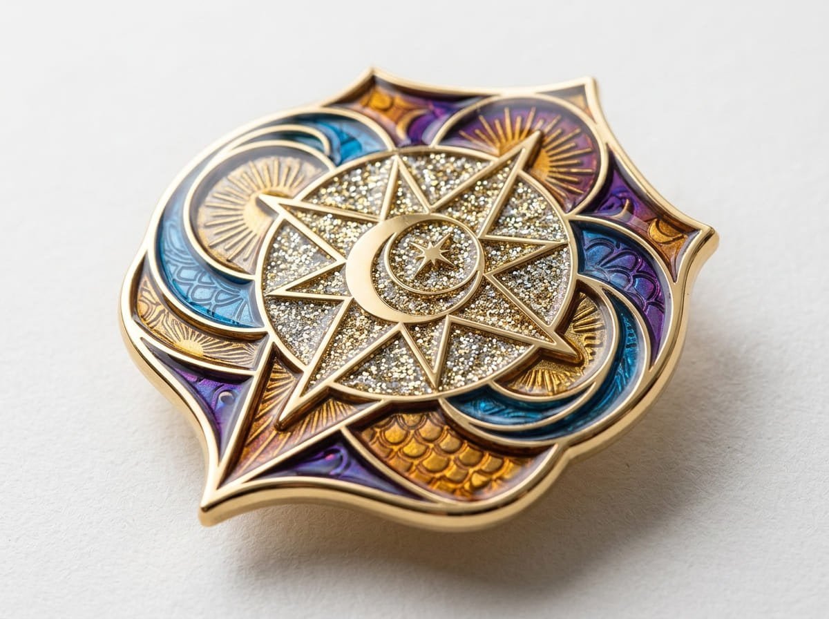 Mixed glitter and transparent enamel effects Combined glitter and transparent enamel pin design