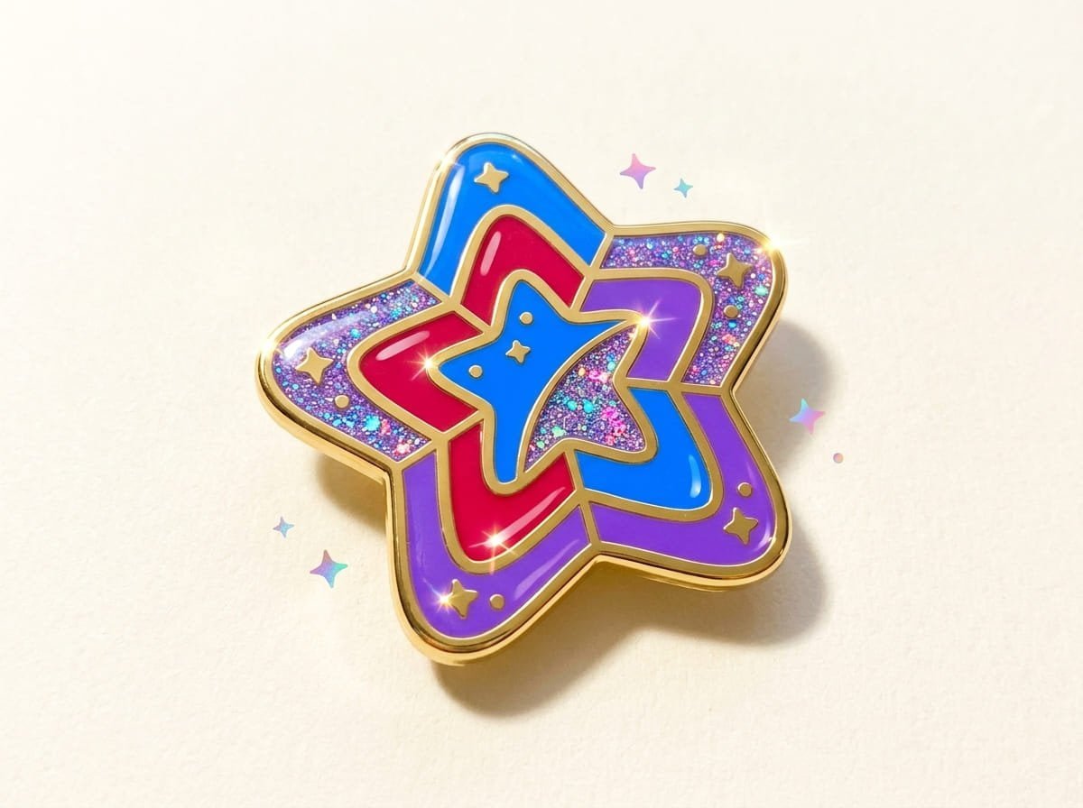 What designs work best with laser glitter? Laser glitter enamel pin close-up