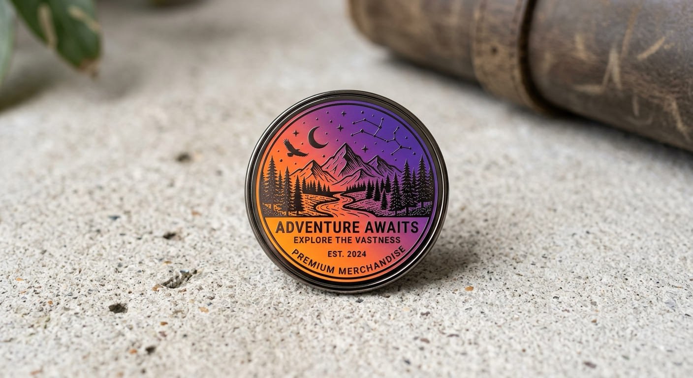 UV Printed Pin Showing Gradient Shades Across Colors UV printed badge with gradients