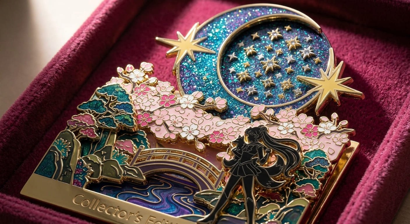 Intricate anime-style landscape enamel pin an intricate anime-style landscape enamel pin