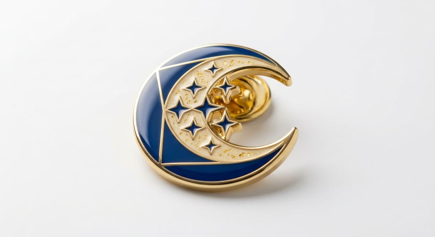 close-up of intricate enamel pin design Details on an enamel pin