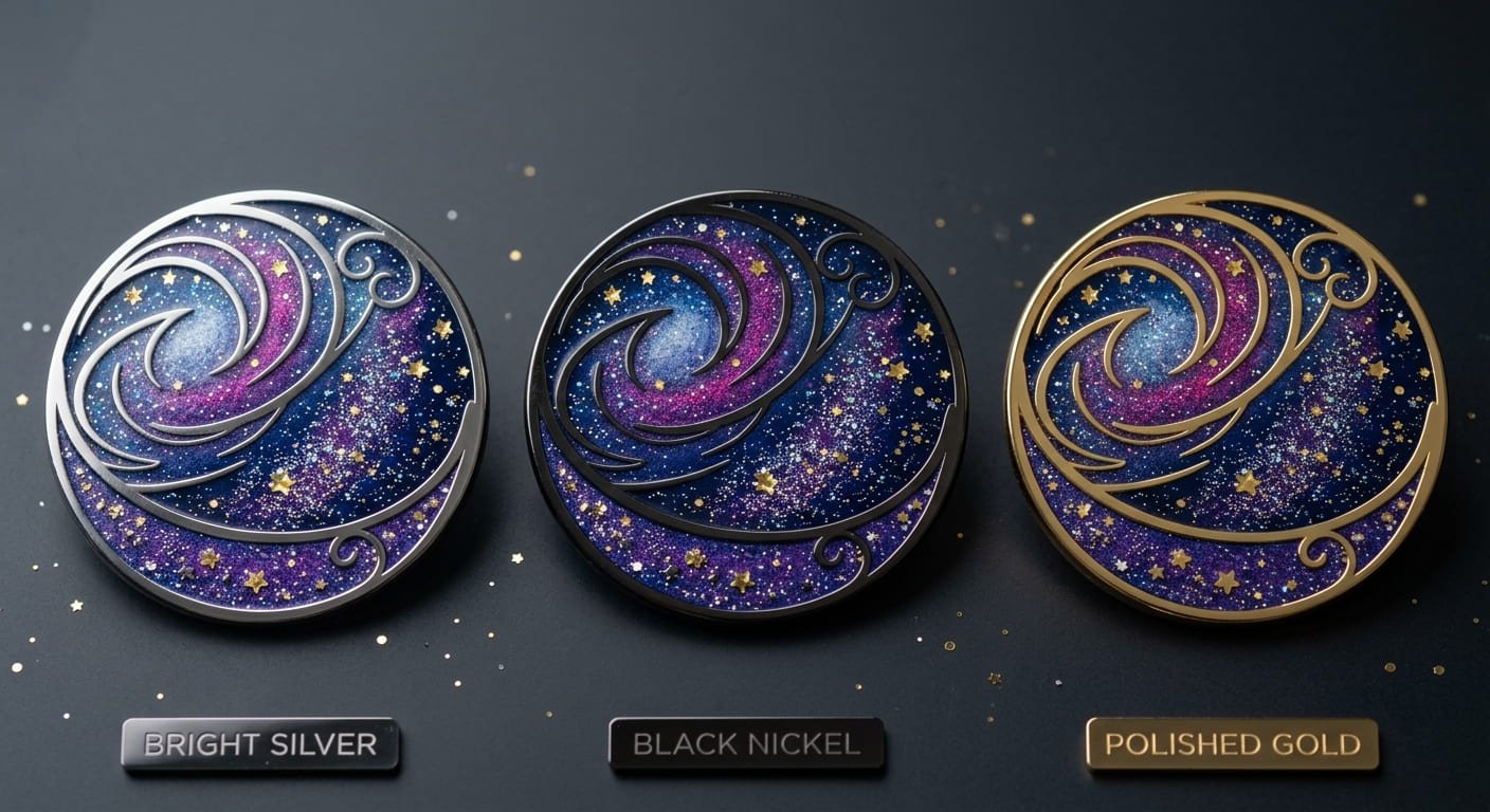 Galaxy-themed enamel pins with silver plating silver plating glitter galaxy pin example