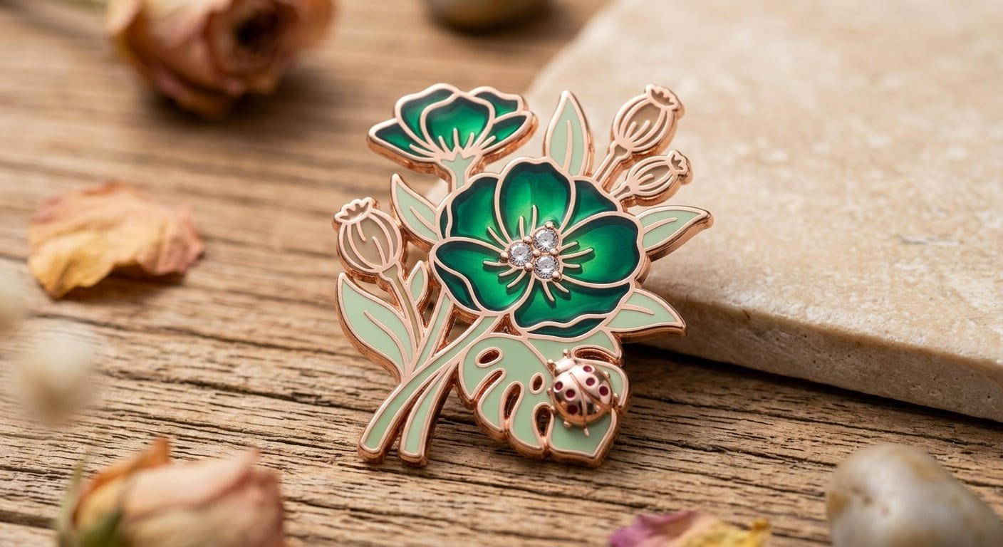 Custom enamel pin design featuring botanical illustrations botanical pin