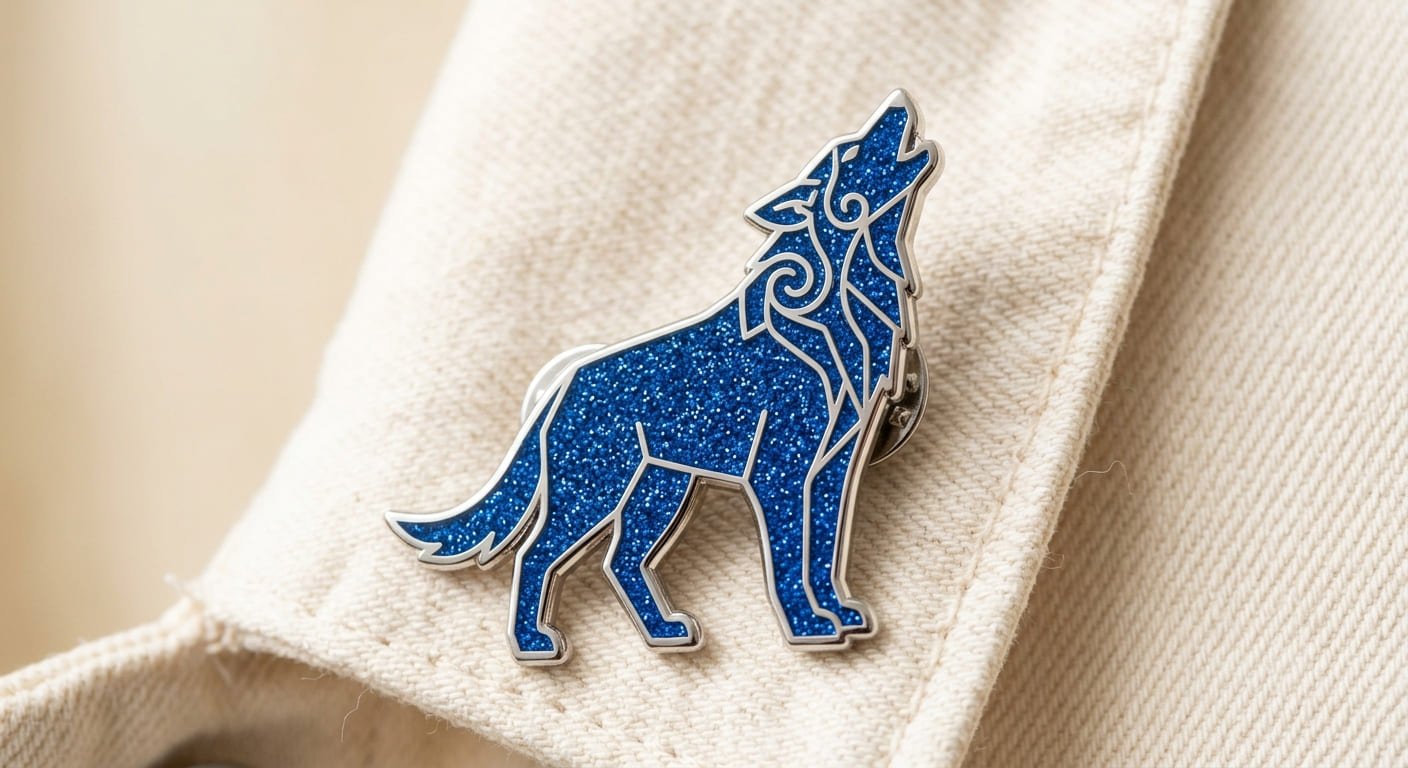 Regular Glitter on a custom pin design Regular Glitter Enamel Pin Example