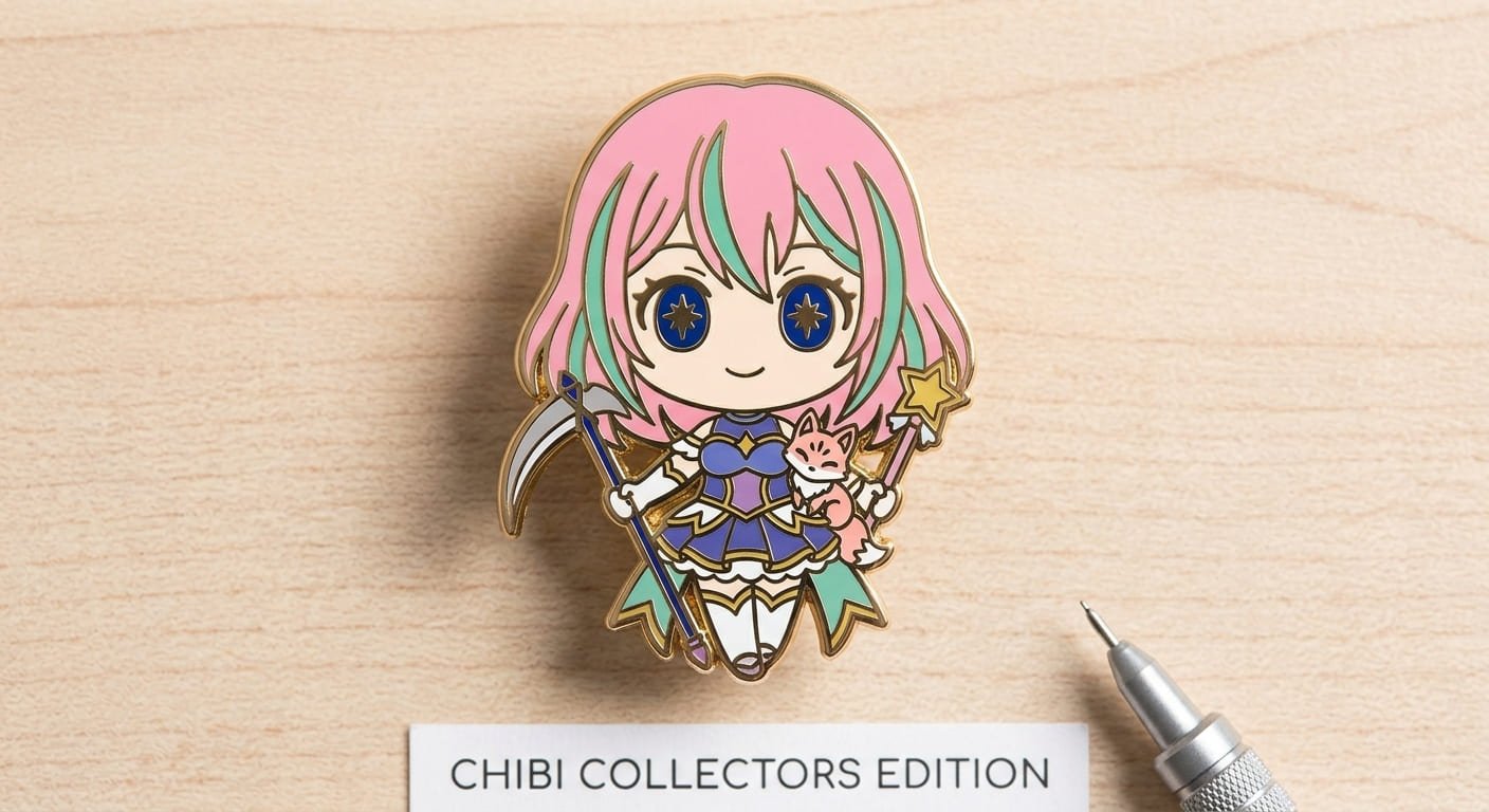 Chibi character enamel pin design example chibi character enamel pin
