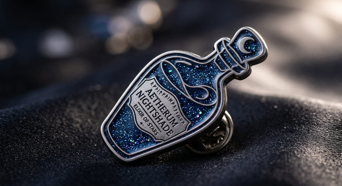 Close-up of Glitter Enamel Pin Note its Texture and Sparkle glitter enamel pin close-up