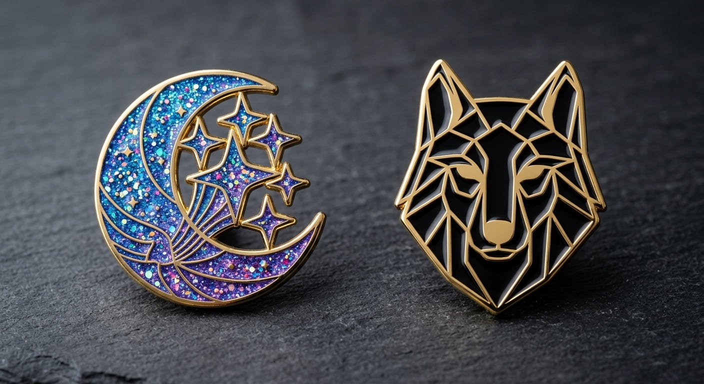Enamel pin visual comparison with glitter and gold Enamel pin comparison between glitter enamel and gold plating