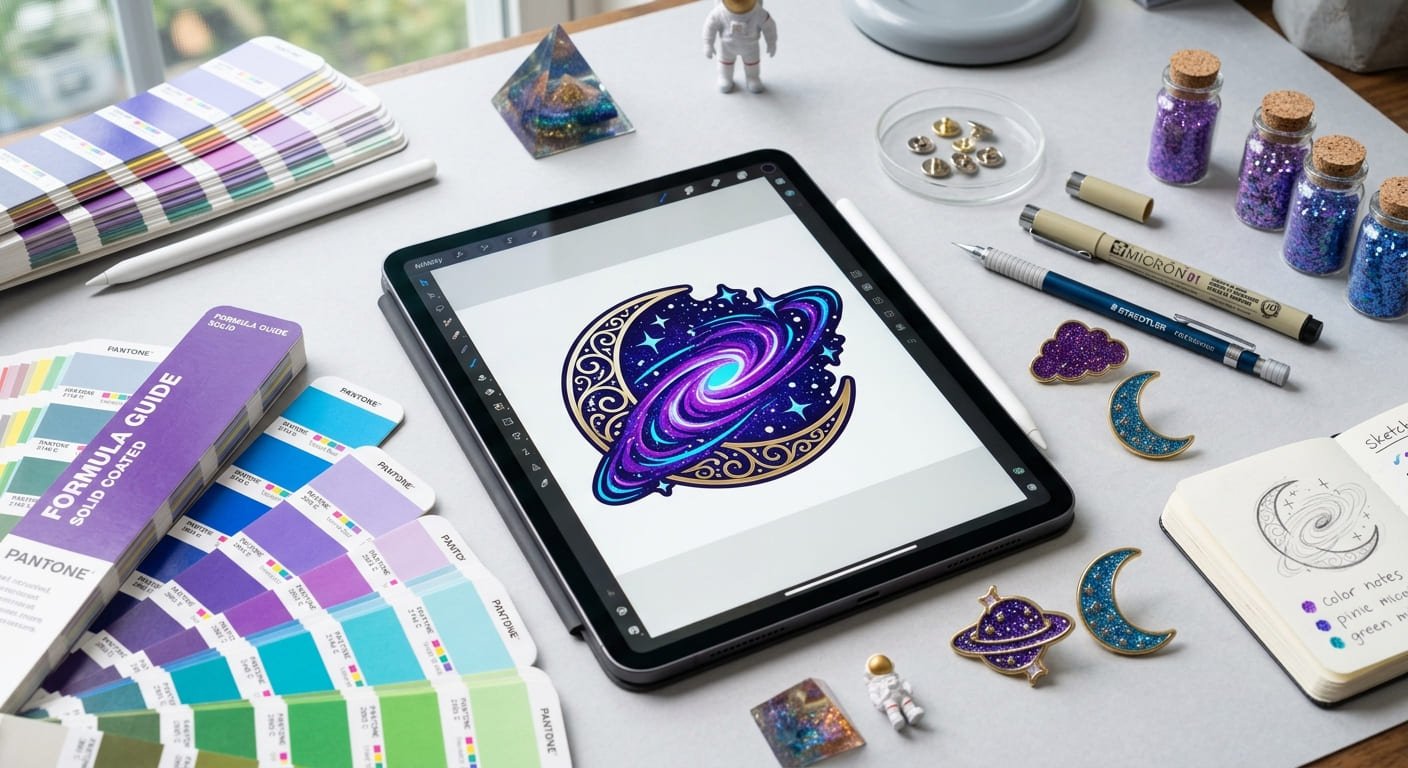 Designing galaxy-themed glitter enamel pins galaxy-themed glitter enamel pins design process