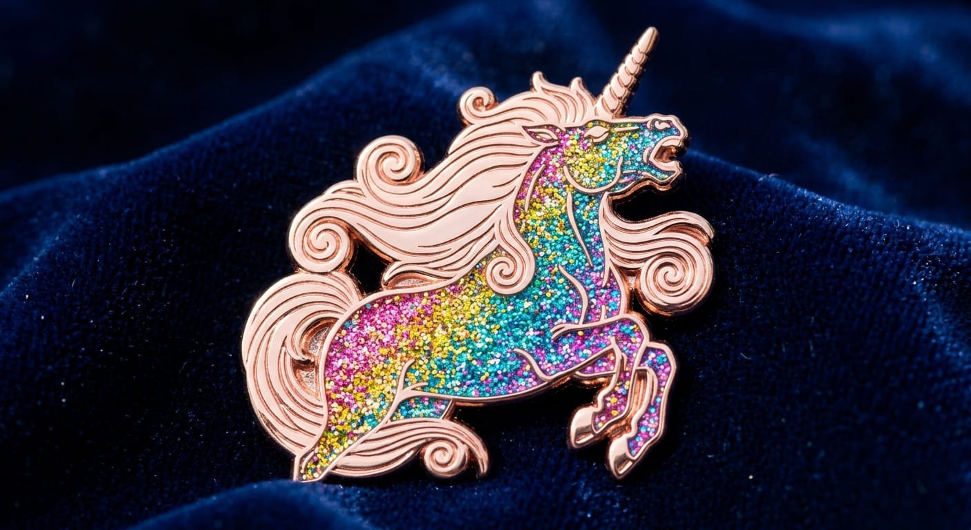 Rainbow Glitter on a custom pin design Rainbow Glitter Enamel Pin Example